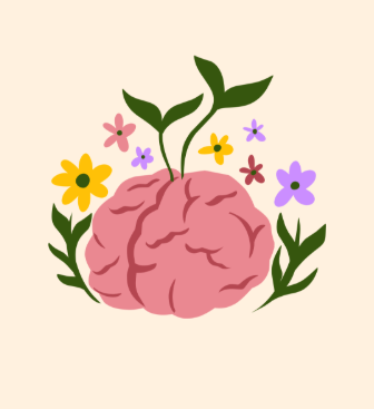 A brain growing and thriving with plants and flowers to illustrate growth and development